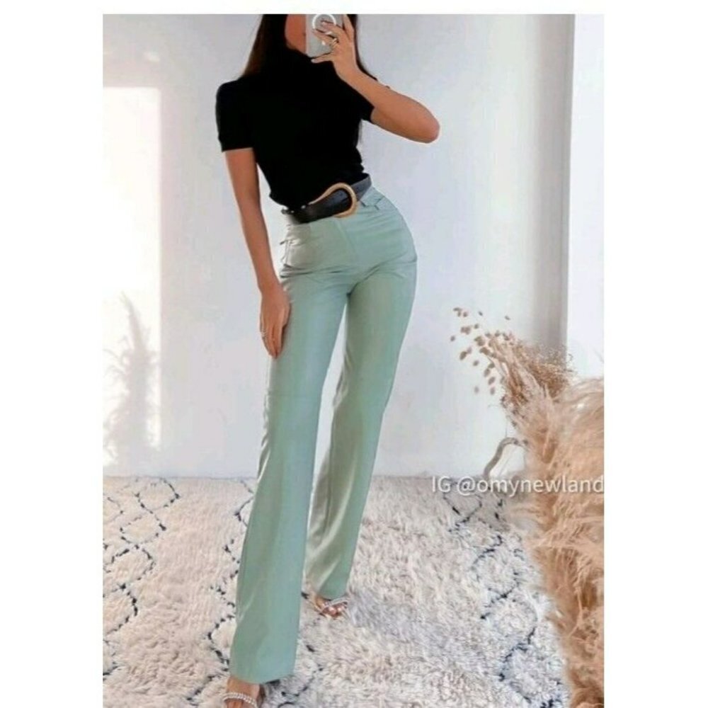 Set ZARA WOMAN FAUX LEATHER STRAIGHT LEG PANTS BLAZER SEA GREEN | 9640/023 XS - Picture 3 of 7